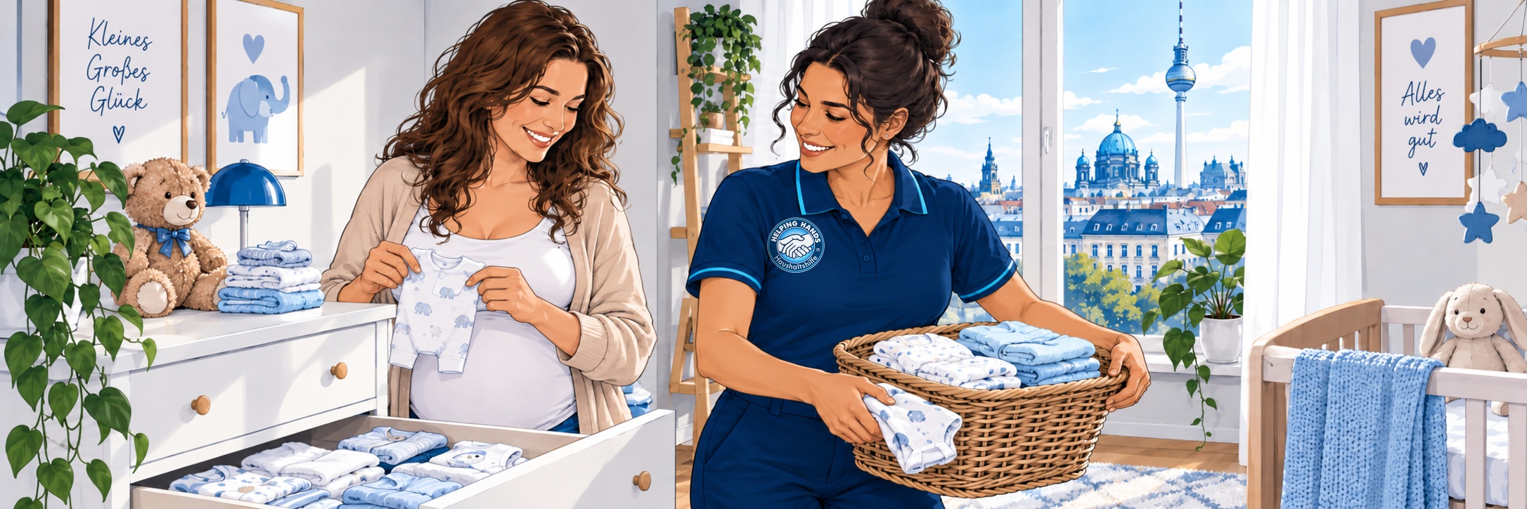 Haushaltshilfe in der Schwangerschaft: Helferin unterstuetzt beim Sortieren von Babykleidung